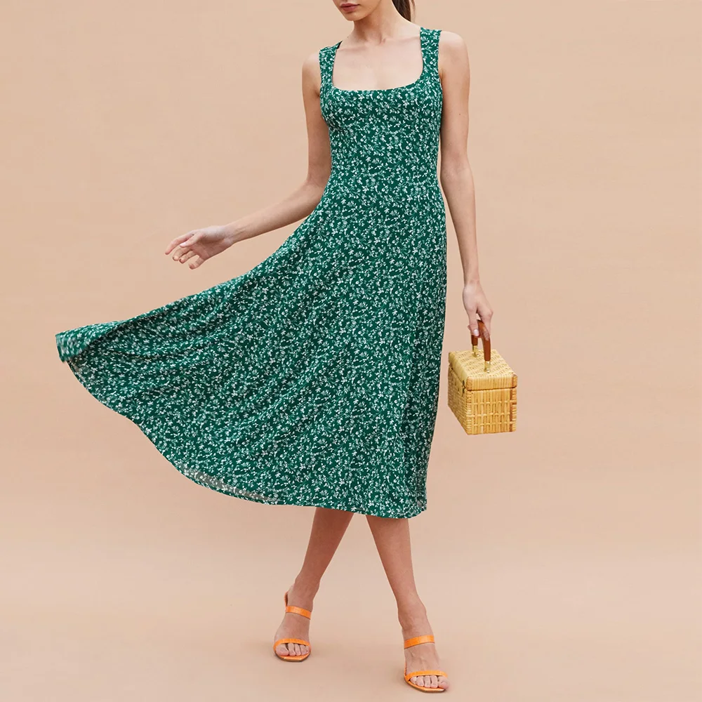 

Floral Midi Dresses For Women 2021 Party Elegant Vintage Dress Scoop Neck Sleeveless Chiffon Dress Beach Vacation Summer Dress