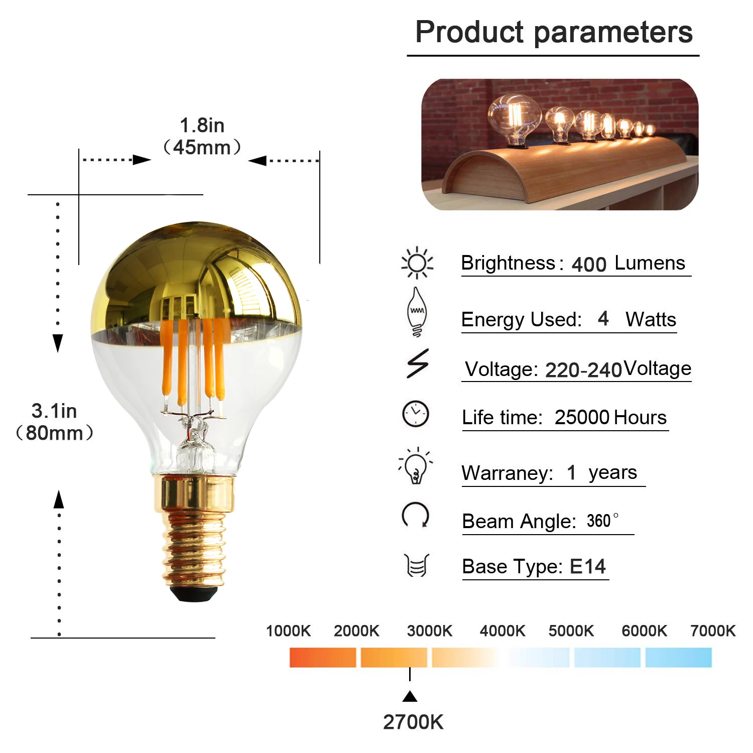 5pcs Dimmable Led Filament Lights Bulb E14 E12 4W 110V 220V G45 Bubble Ball Bulb Edison Warm White Top Mirror Shadowless Lamp
