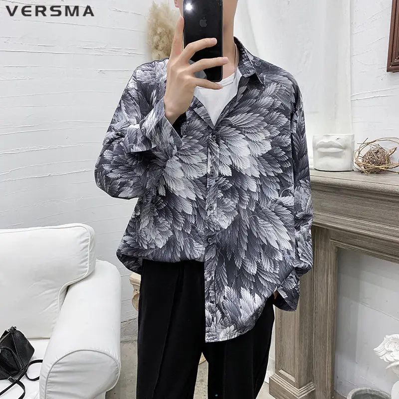 

VERSMA Hip Hop Streetwear Long Sleeve Retro Hawaiian Shirt Men Korean Harajuku BF Vintage Graffiti Print Shirt Male Dropshipping