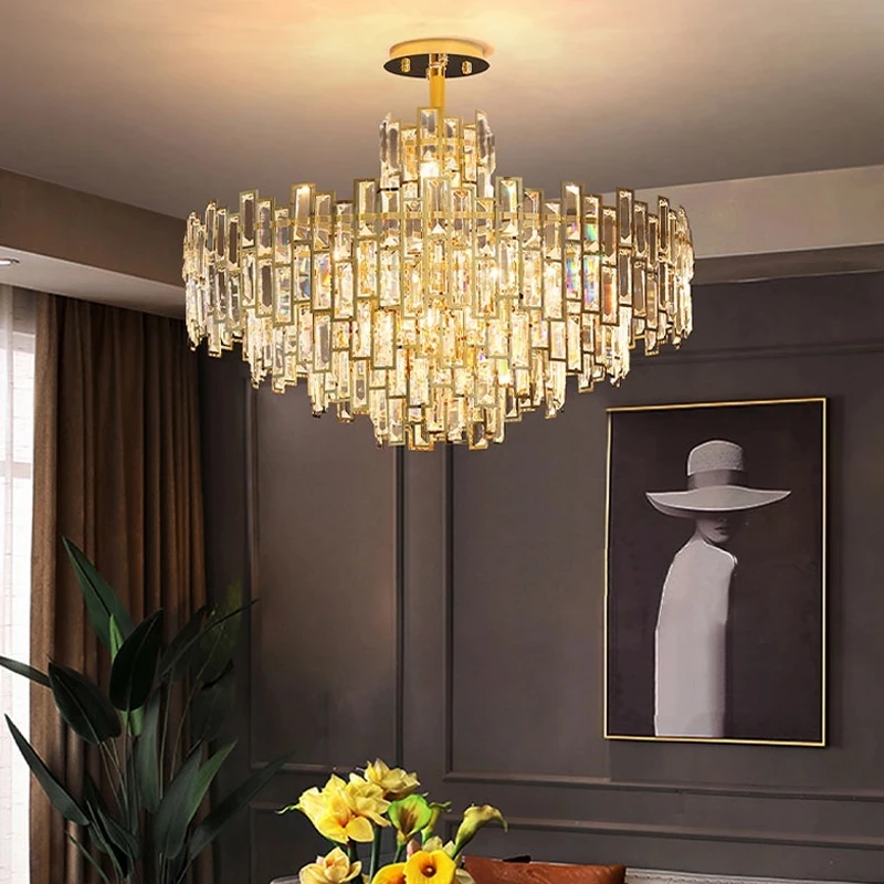 Postmodern Golden Crystal Chandelier Lighting Stainless Steel Lustre Pandent Lamp For Villa Dining Living Bedroom Deco Hanging