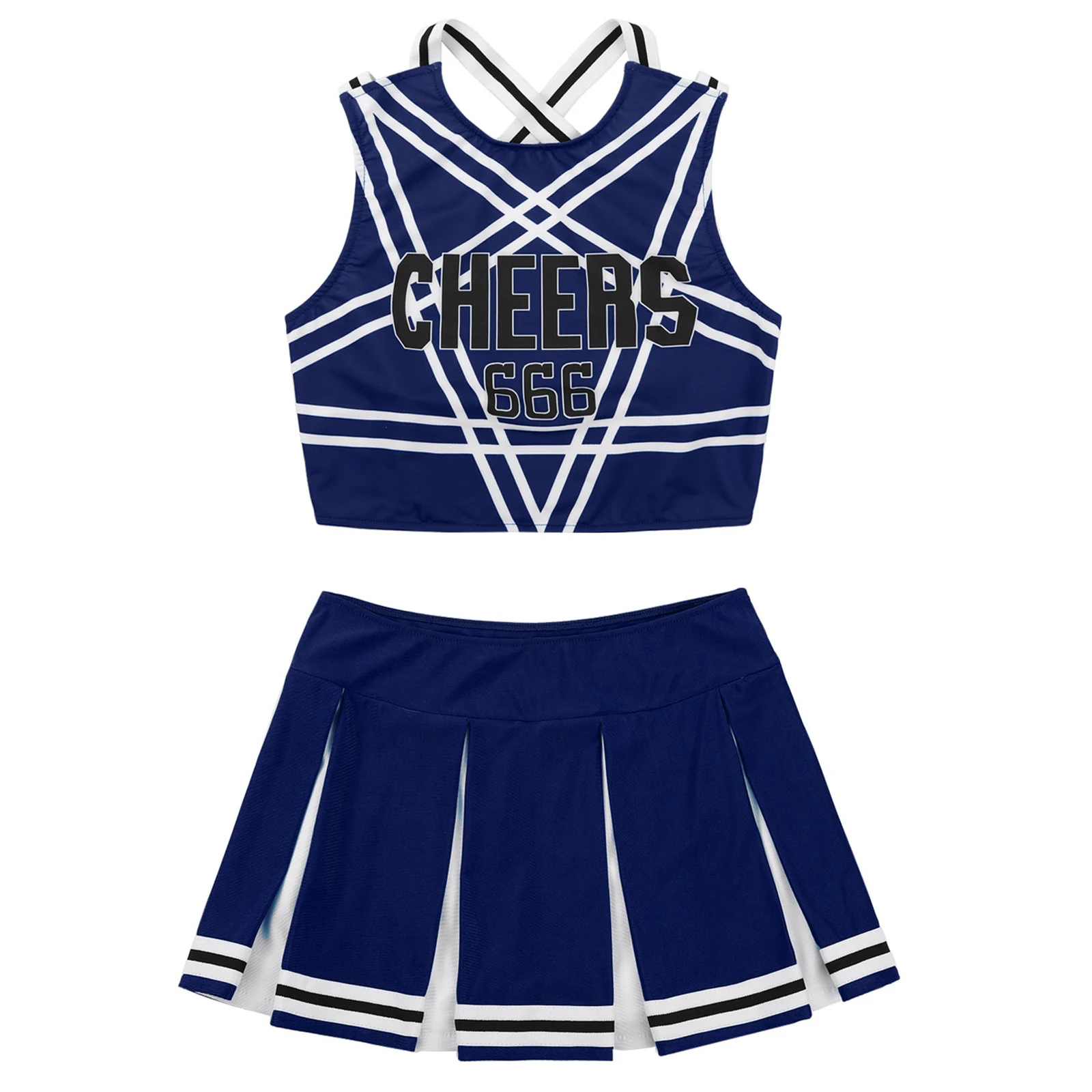 2Pcs Womens Adult Cheerleader Costume Charming Cheerleading Carnival Cheering Dance Suit Outfit Crop Top with Mini Pleated Skirt