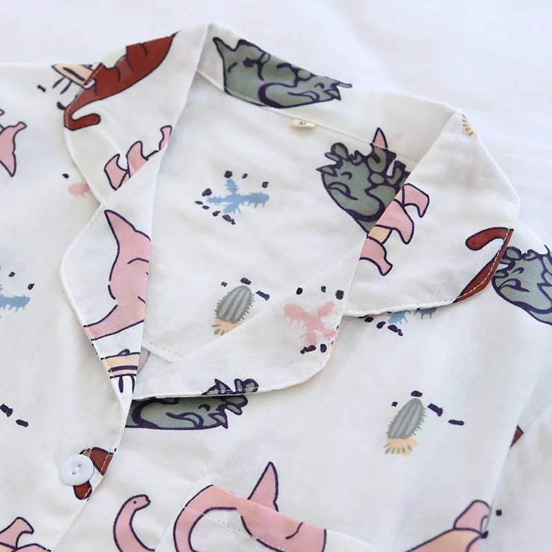 100% Cotton Gauze Short Sleeve Shorts Couples Pajamas Dinosaur Print Pijama Mujer Summer Loungewear Women Sleepwear Home Clothes