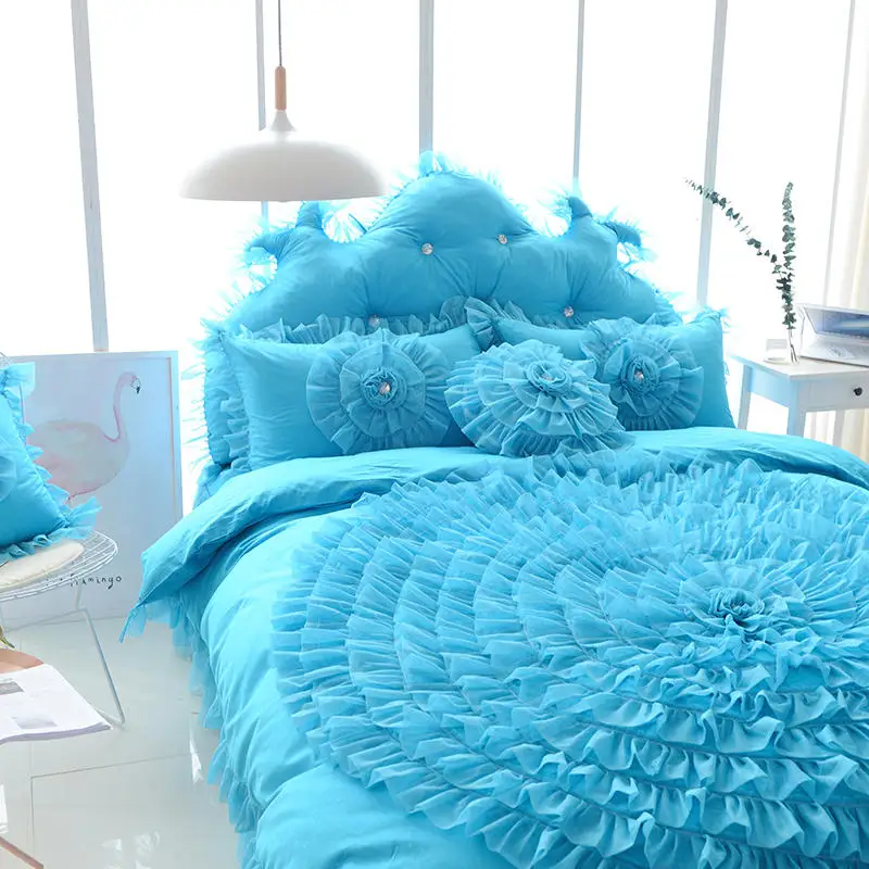 Luxury Big Lace Flowers Bedding Set, Korean Style, Blue, 100% Cotton, Princess Duvet Cover, Bedspread, Bed Skirt, Pillowcases