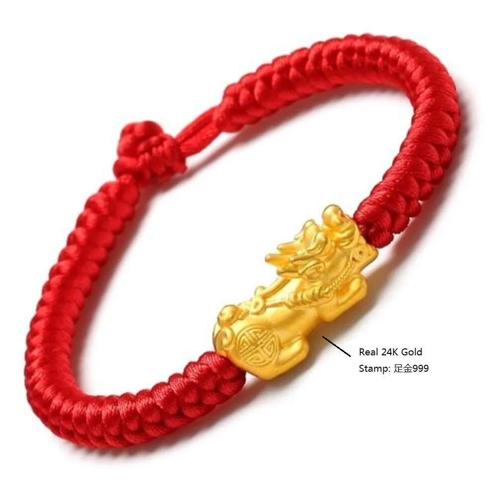 

Genuine 24K Yellow Gold Dragon-Son Pixiu with Red Cord Bracelet Length from 5" to 15"