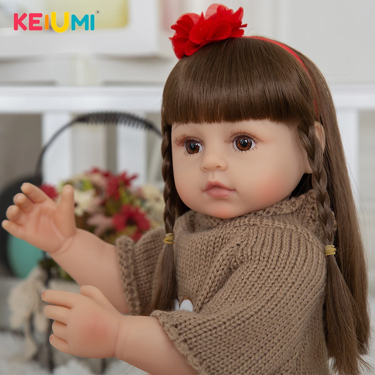 

KEIUMI 55CM Realistic Long Straight Hair Reborn Baby Doll Two Beautiful Braids Red Pants Baby Girl For Children Gift