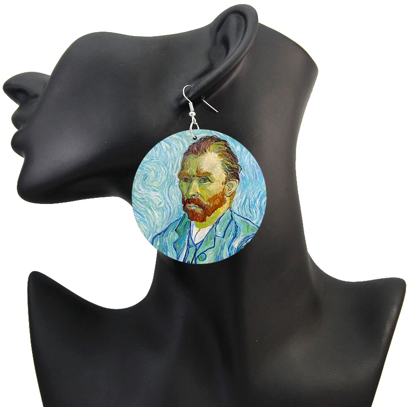 Voikukka Jewelry Van Gogh Paintings Self  Portrait Pattern Wooden Both Sides Print Pendant Drop Women Earrings For Gifts