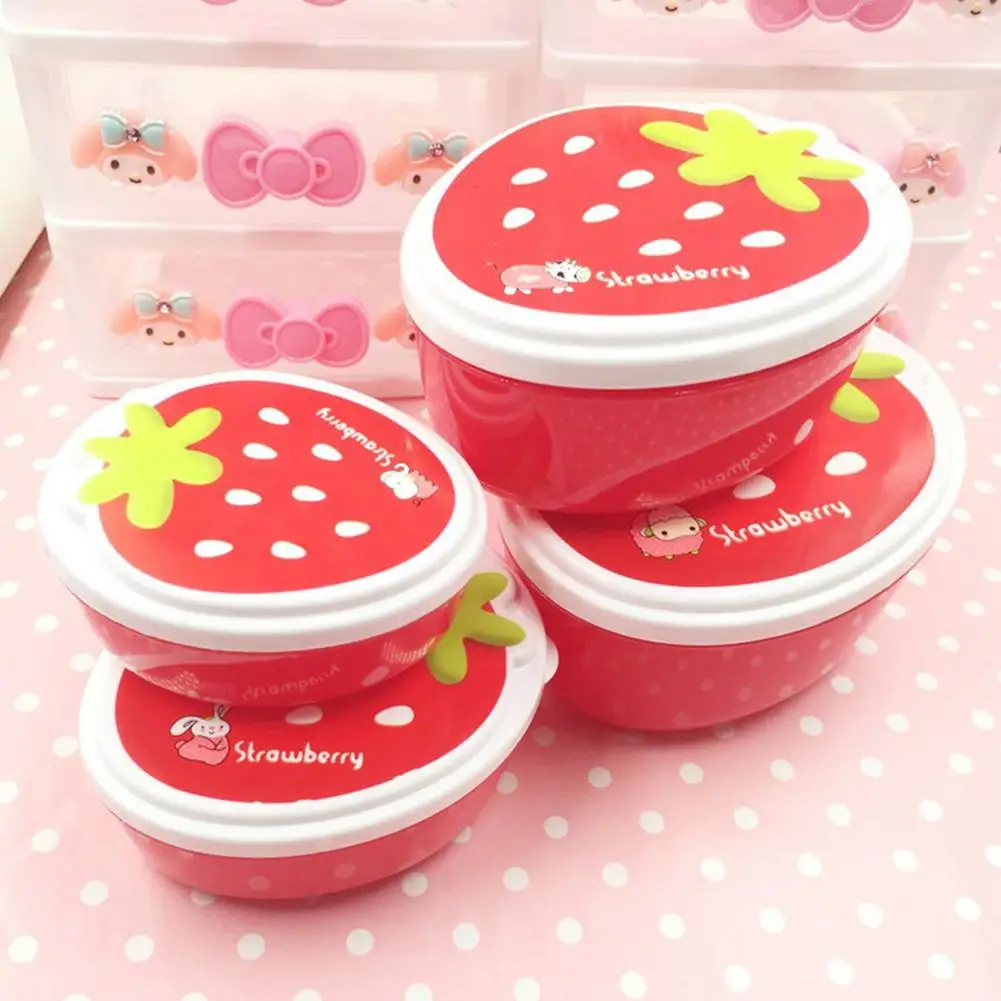 4pcs Microwave Lunch Box Strawberry-shaped Food Storage Container Children Kids School Portable Mini Crisper Fresh-keeping Box