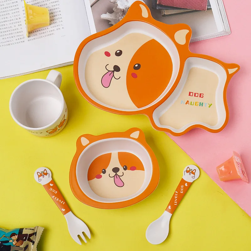 Five-Piece Suit Puppy Pattern Tableware Bamboo Plates For Food Baby Feeding Dishes For Children Flat Baby Food Tableware