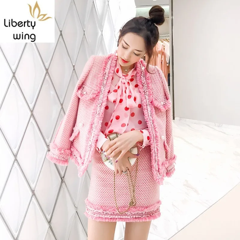 

Brand Luxury Womens Pink Set Tweed Fashion Tassel Jacket Mini Skirt 2 Pieces Sets Autumn Elegant Slim Party Clothes Female