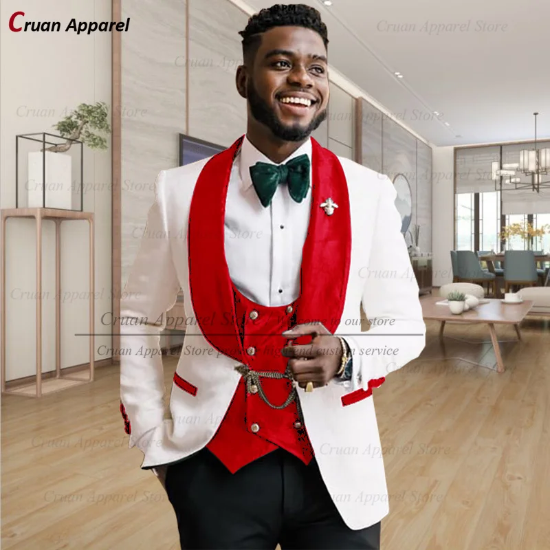 

Tailor-made Luxury White Suit Male 3 Piece Slim Fit Party Wedding Best Man Groom Tuxedo Fashion Red Velvet Blazer Vest Pants Set