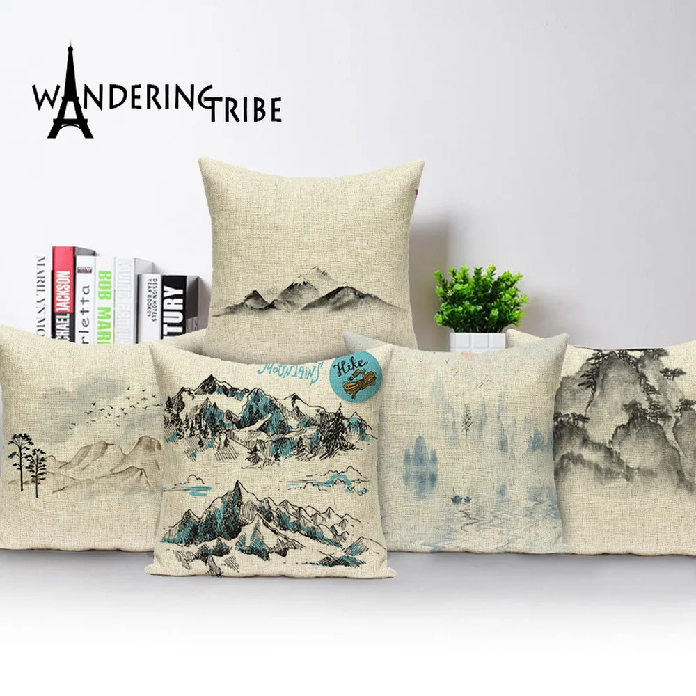 

Vintage Landscape 45*45cm Cushion Cover Floral Linen Throw Pillow Case Plant Home Decoration Cushions Car Decor Pillowcase Cojin