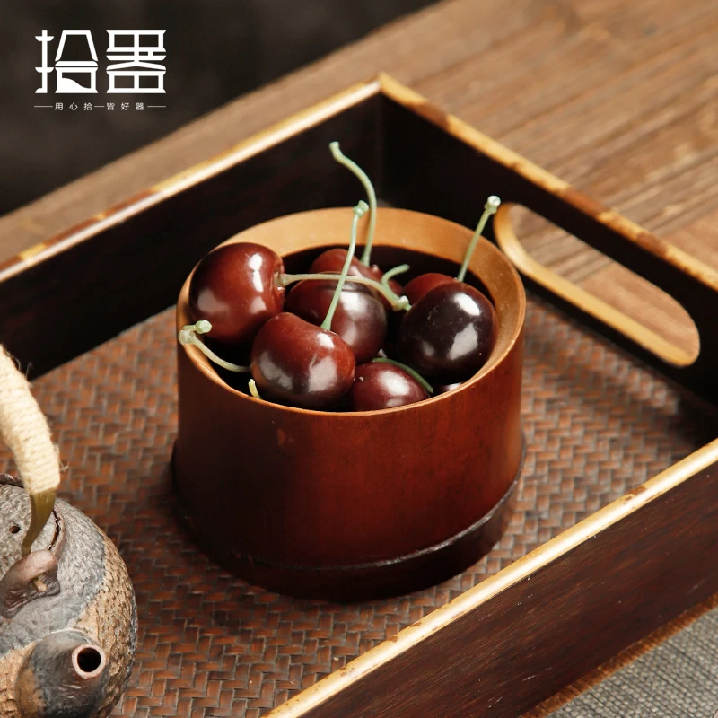 Old bamboo fruit plate, refreshment plate, fruit plate, dried fruit tea bowl, bamboo tube, Japanese snacks, small tray round
