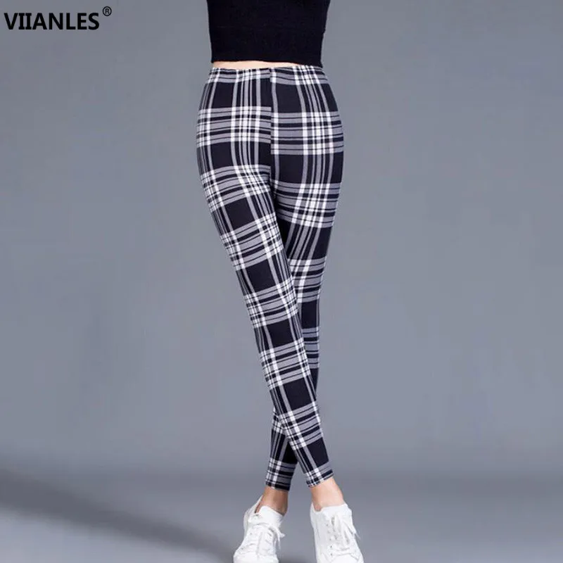 VIIANLES-Leggings con estampado a cuadros para Fitness, ropa de calle informal a rayas, pantalones sexys de entrenamiento, color negro