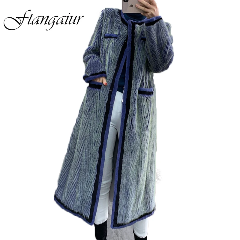 Ftangaiur New Winter Import Velvet Mink Fur Coat O-Neck Retro Double Color Mink Coat Women X-Long Natural Real Mink Fur Coats