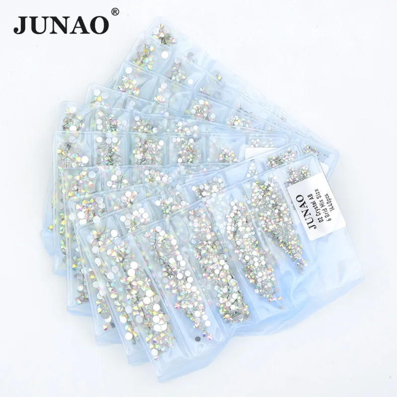 JUNAO 1440pcs 6 Grid 1 Pack Mix Size Crystal AB Nail Rhinestones Decoration Flat Back Glitter Gems Beads for Nails Accesorios