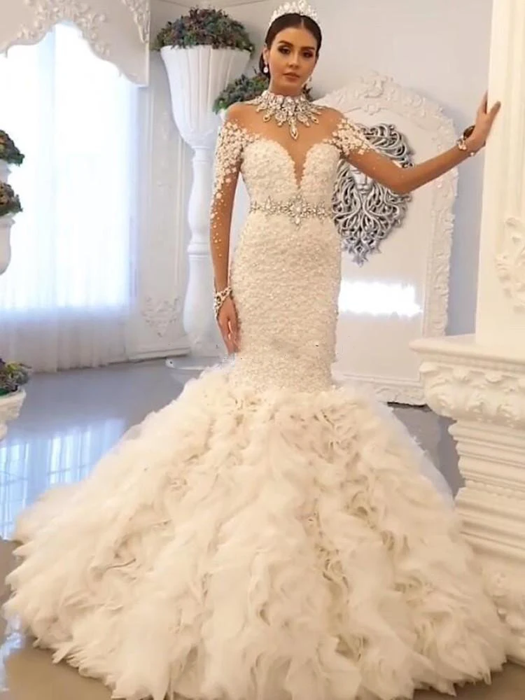 Luxury Mermaid Wedding Dresses High Neck Long Sleeve  Cascading Ruffles Crystal Beads Illusion Chapel Bridal Gowns