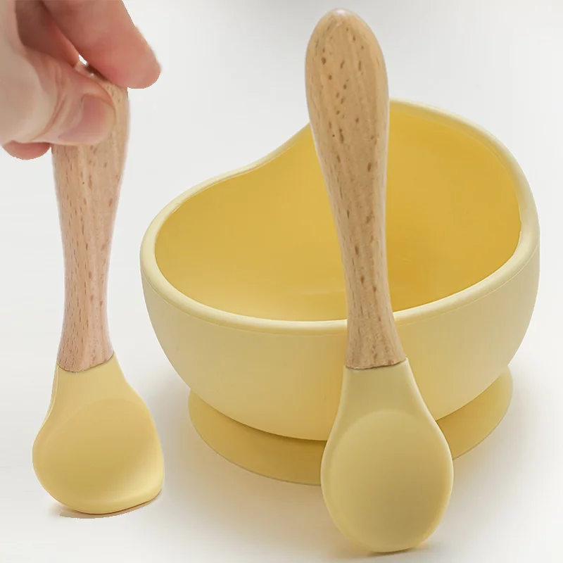 22colors!!1set Silicone Baby Feeding Bowl Set Baby Learning Dishes Suction Bowl Set Wood Spoon Non-Slip