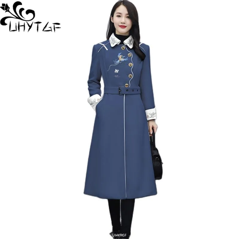 

UHYTGF Quality Autumn Winter Woolen Jacket Women's Vintag Embroidery Elegant Female Coat Fashion Belt Slim Casual Outerwear 1581