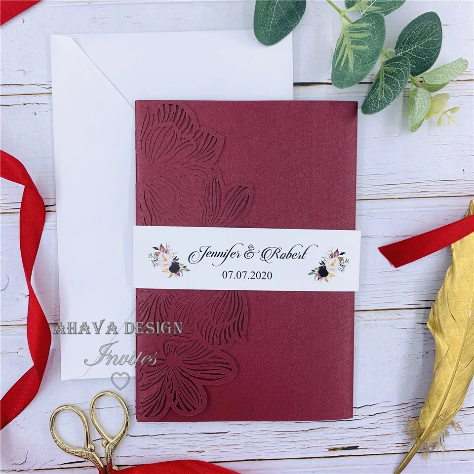 Burgundy Laser Cut Wedding Invitation With Customized Belly Band And RSVP Card