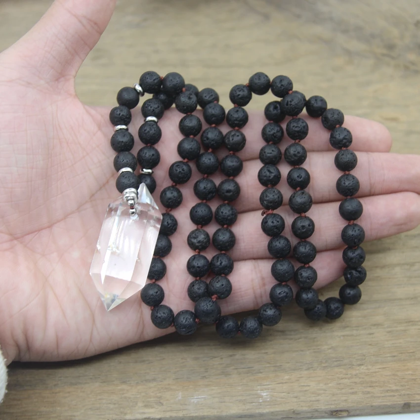 

Natural Crystal Double Point Pendants Yoga Necklace 8mm Black Lava Stone Round Beads Knotted Handmade Mala Women Jewelry,QC0118