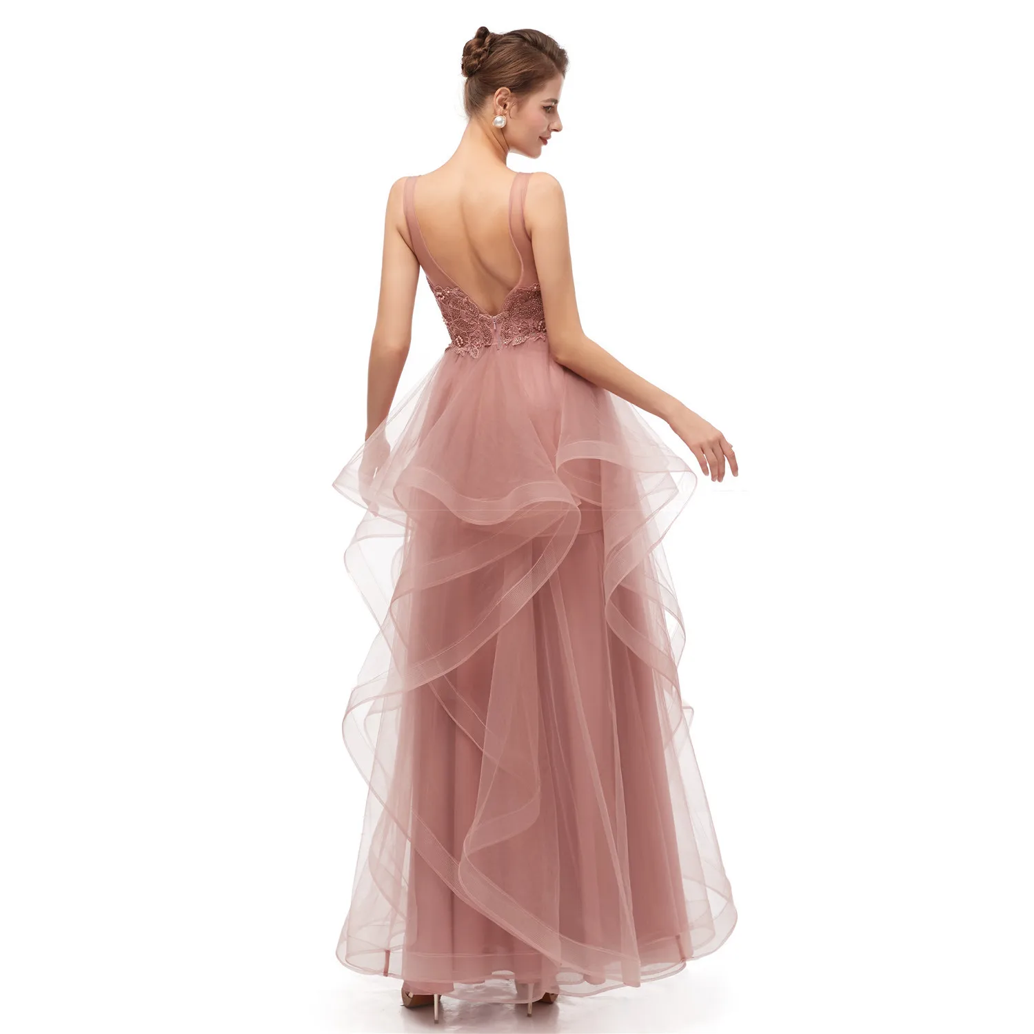 JaneVini – robe de soirée longue en Tulle, élégante, col en V profond, sans manches, avec des applications en dentelle, dos nu, ligne A, perles, 2019