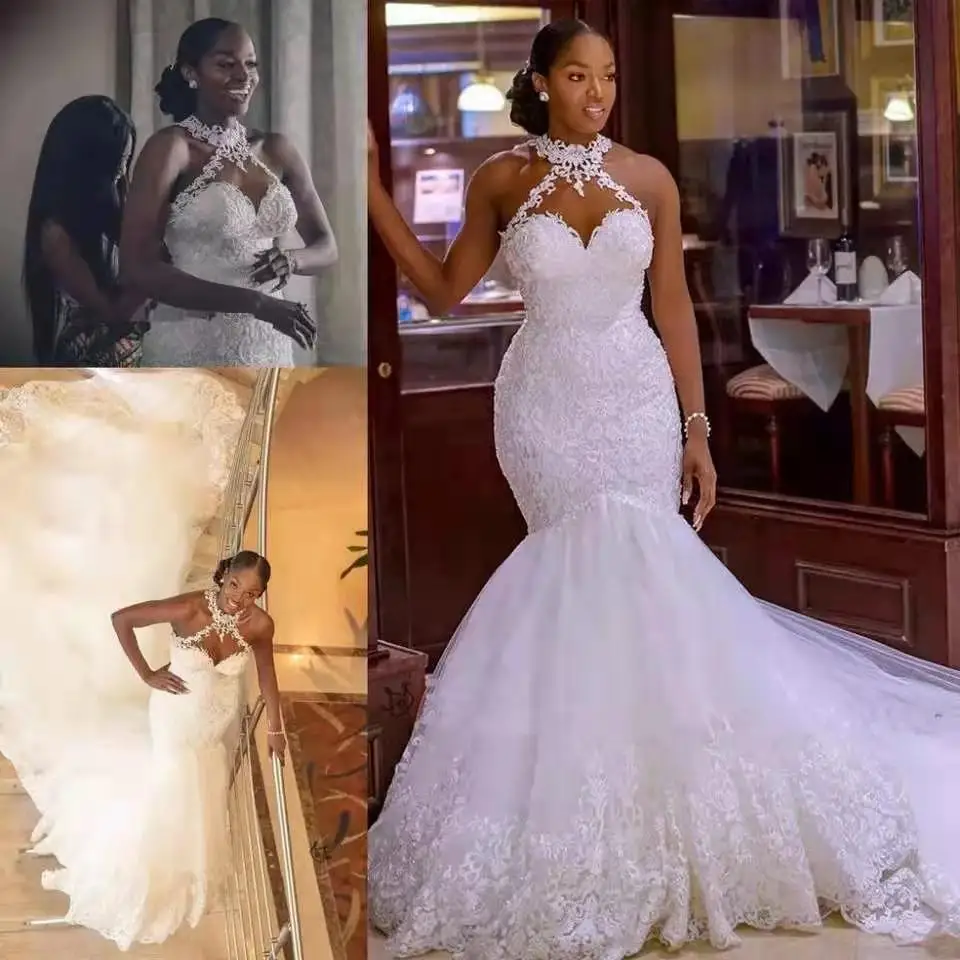 Robe de mariée sirène en dentelle et Tulle, tenue de luxe, avec traîne longue, afrique du sud