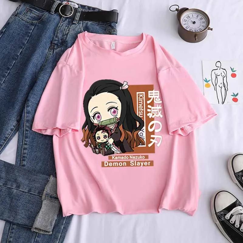 Demon Slayer Nezuko cute print girl T-shirt 2021 summer new short-sleeved cartoon couple outfit boy fashion personality tops