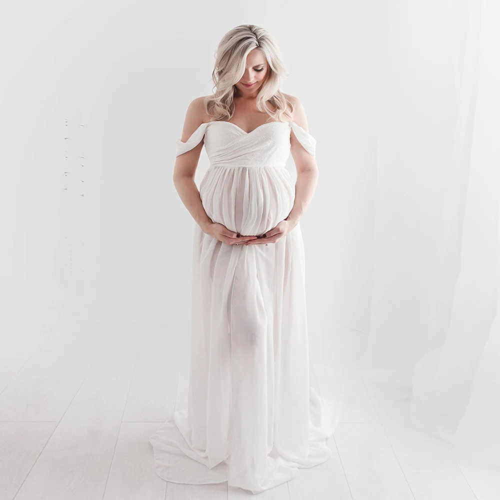 Shoulderless Maternity Dress For Photography Sexy Front Split Pregnancy Dresses For Photo Shoot White Pregnancy Maxi Dress Women