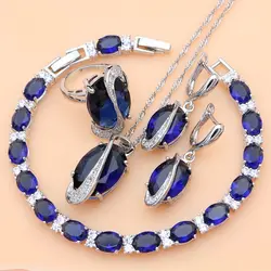 Oval Blue Synthetic Sapphire White CZ 925 Sterling Silver Jewelry Sets for Women Earrings/Pendant/Necklace Kits/Rings/Bracelet