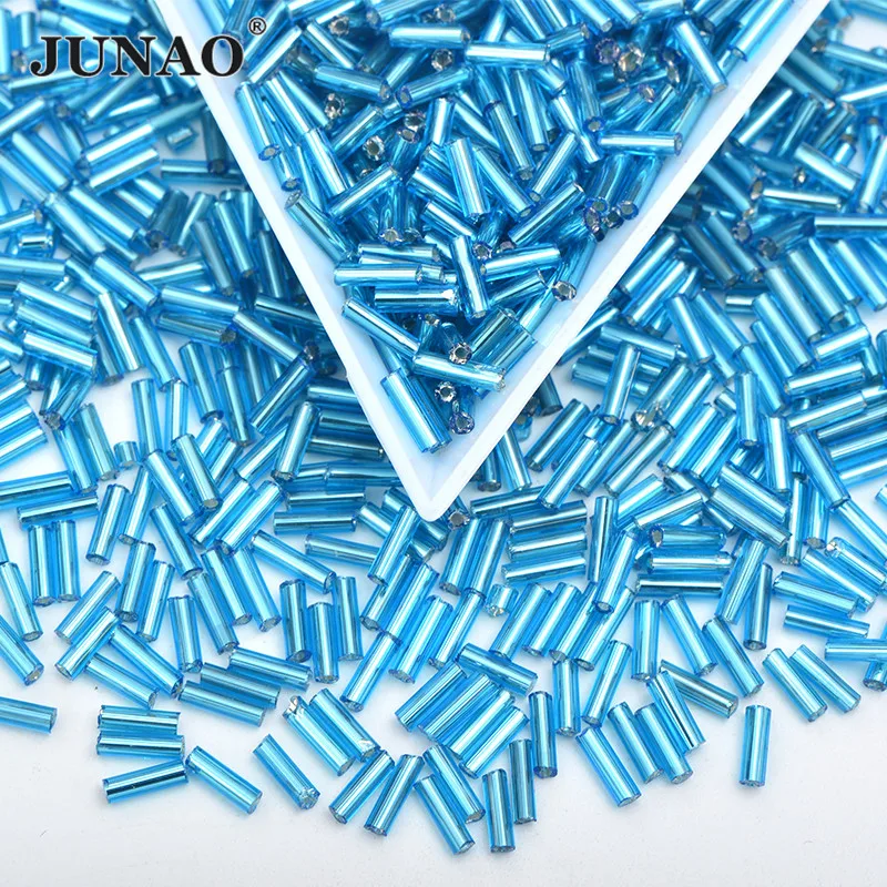 JUNAO 20g 6mm Aquamarine Color Sewing Glass Rhinestone Seed Beads Long Tube Spacer Beads Crystal Tube Beads For Decoration