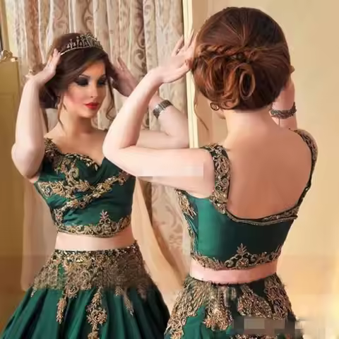 Indian Abaya emerald Green Evening Dress with Gold Lace Applique Prom Gowns Saudi Arabic Beaded Kaftan Dress Evening customsized