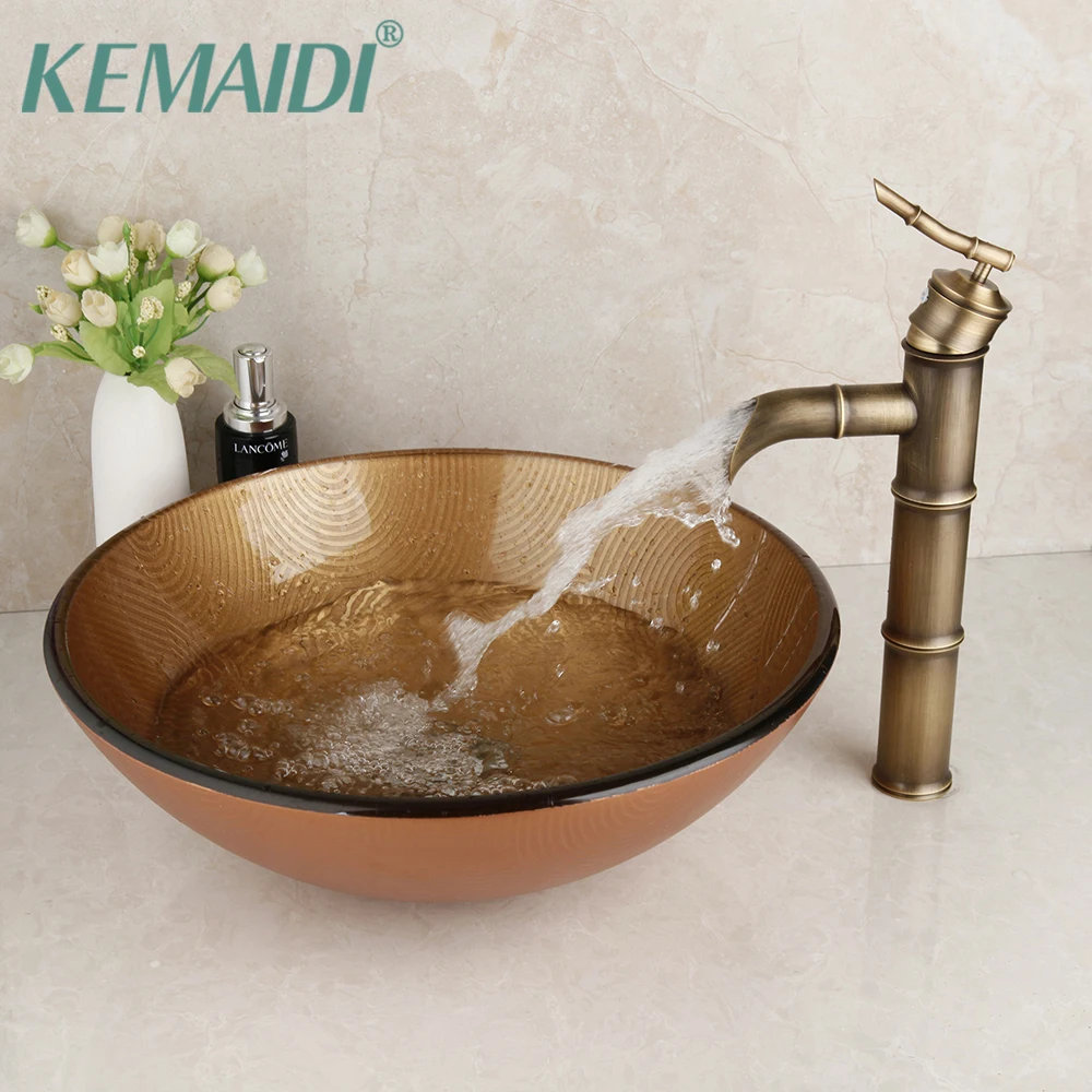 KEMAIDI Brown Bathroom Glass Wash Basin Sink Hand-Paint Lavatory Sink Combine Set Antique Brass Bamboo Waterfall Mixer Faucets