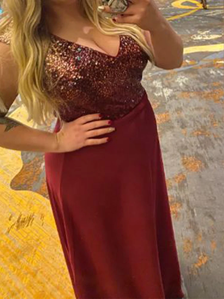 Vestido de lantejoulas sem mangas linha a, vestido longo de noiva e mãe e elegante para festa e coquetel