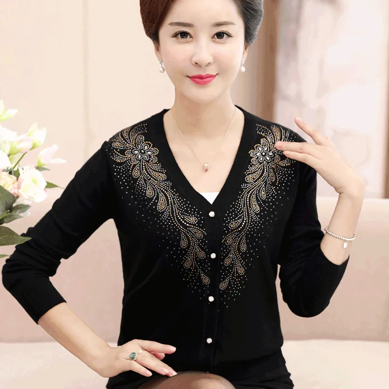 High Quality Women\'s Sweaters Spring Autumn New V-neck Long-sleeved Cardigans Middle Aged Mother Diamond Knitwear W2145