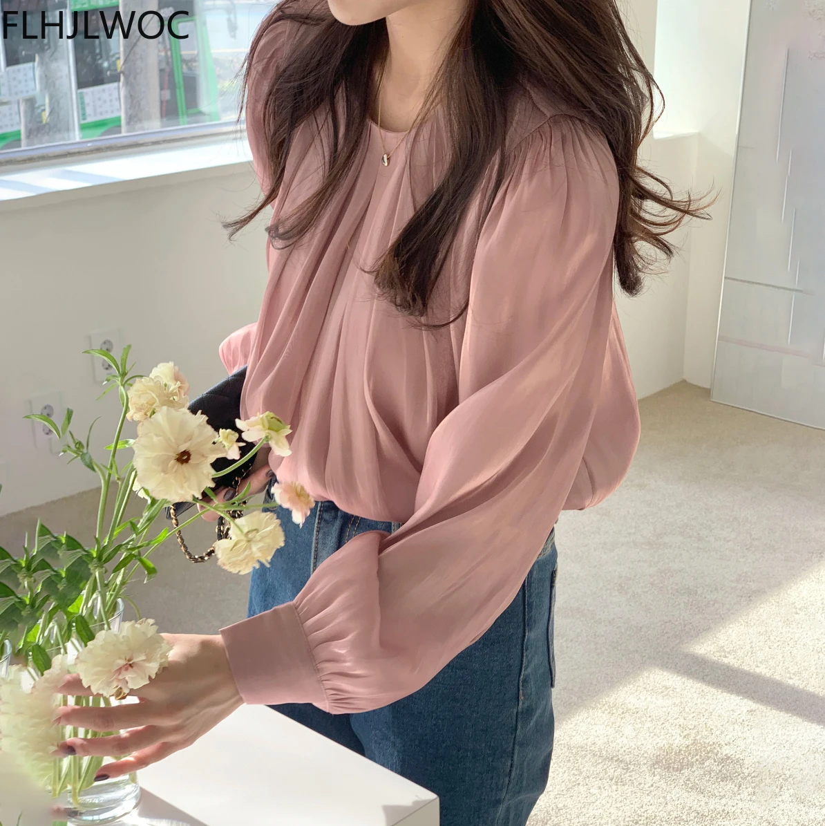 Pink Korea Chic Tops Blusas Flare Sleeve Casual Solid Cute Sweet Girls Lady Shirts Flhjlwoc Fashion Women Blouses