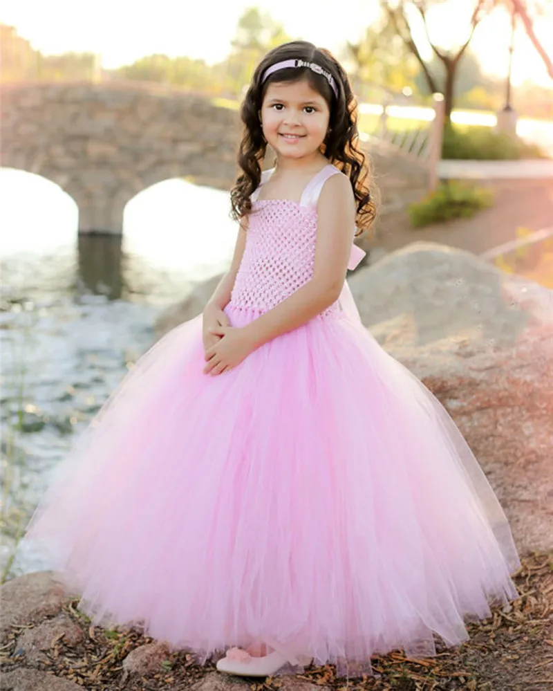 Vestido rosa con tutú de ganchillo para niña, vestido de tul con tirantes y lazo para el pelo, disfraz para fiesta de cumpleaños y boda