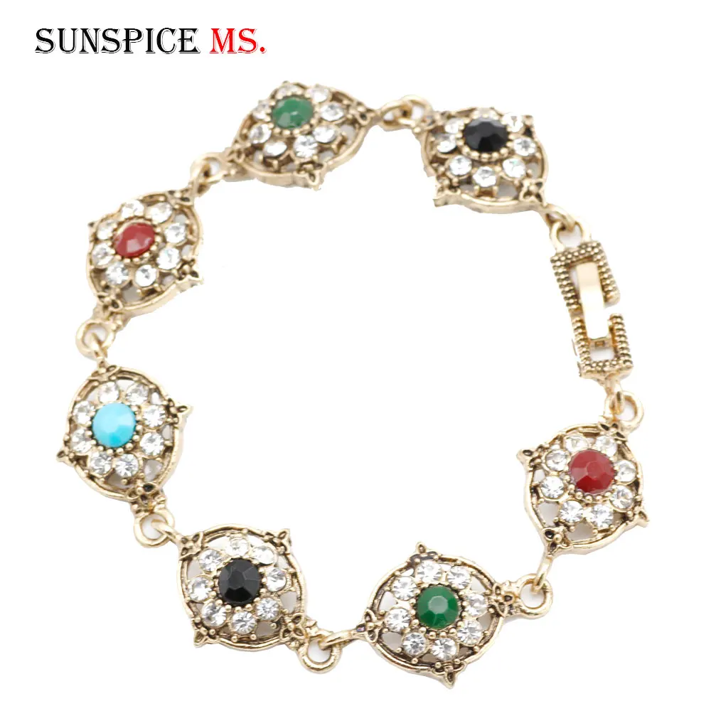 SUNSPICEMS  Indain Retro Gold Color Wedding Bracelet For Women Rhinestone Resin Wrist Chain Turkish Ladies Festival Jewelry Gift