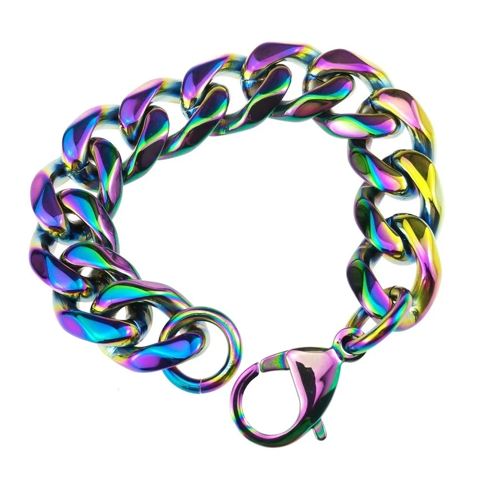 Stainless Steel Miami Curb Rainbow Cuban Link Chain Bracelet Necklace Set For Men 11~16mm width