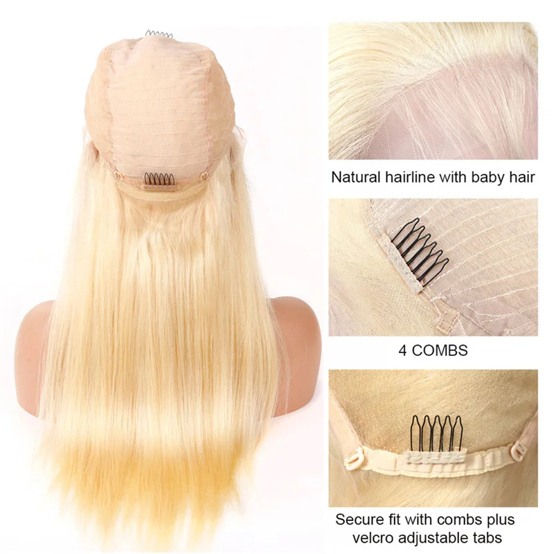 Perruque Lace Frontal Wig 613 brésilienne naturelle, cheveux lisses, blond miel, 4x4, densité 150, pour femmes