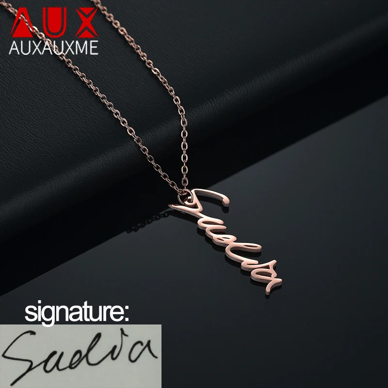 

Auxauxme Custom Handwriting Signature Name Pendant Necklace Personalized Stainless Steel Handmade Nameplate Anniversary Jewelry