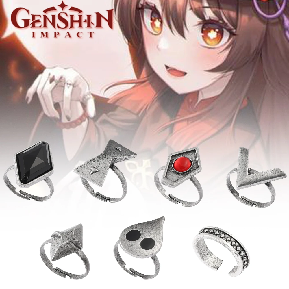 7pcs Game Genshin Impact Hu Tao Ring Anime Cosplay Accessories Set Prop Men and Women Jewelry Gift Gift Box Packaging