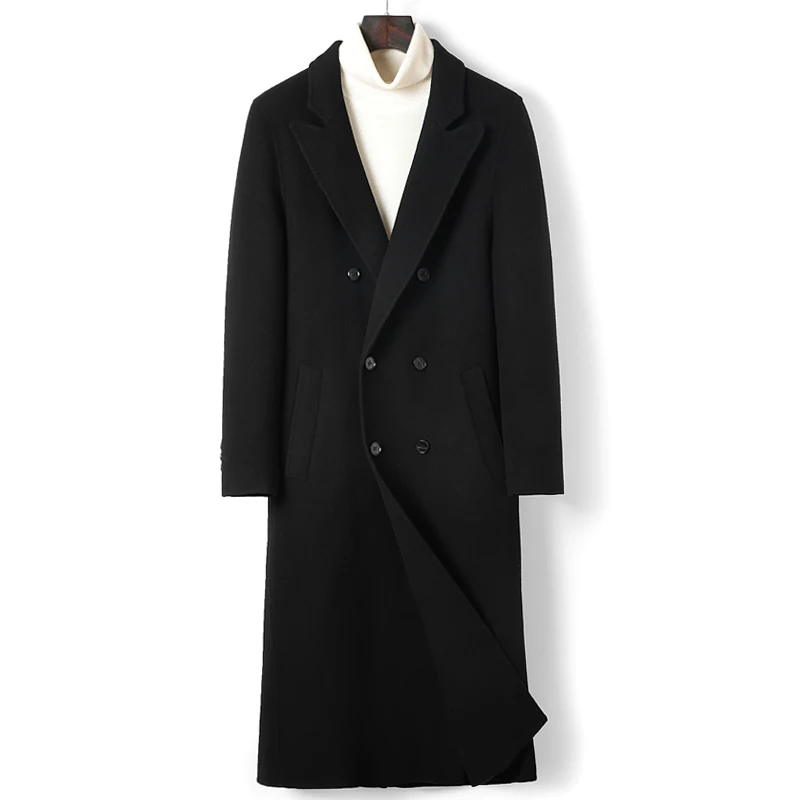 

2021 Mid-Length Woolen Overcoat For Men Double Breasted England Style Cacual 2021 Winter Fashion 100% Wool Black Jacket