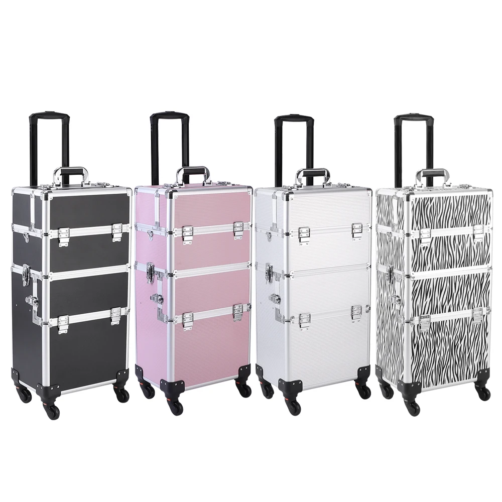 Aluminum Makeup Travel Case Jewelry 3 in 1 Cosmetic Storage Tattoo Box Pink[US-Stock]