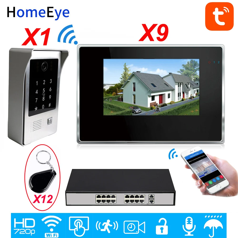 TuyaSmart App Wifi Video Door Phone IP Video Intercom System Touch Screen Code Keypad/IC Card Security Unlock Access Control 1-9