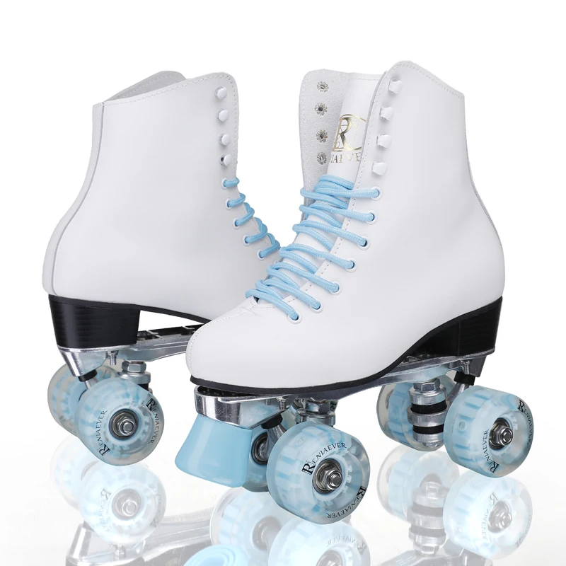 Women's Classic Retro 4 Wheels Quad Roller Skates Light Up LED White Boot