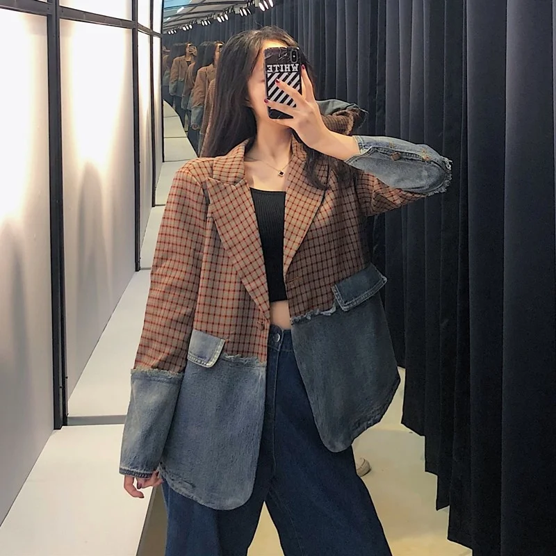 Suit Vintage Coat Female Fashion Design Plaid Jacket Splice Denim Jackets Casual Loose Fit Single Button Autumn Suits Outerwear