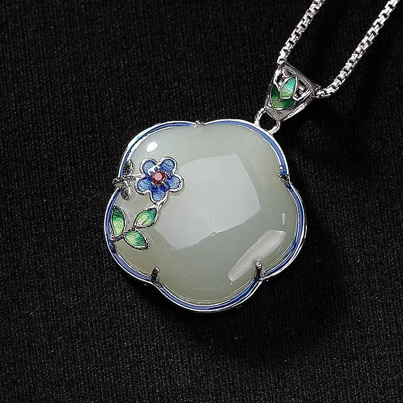 Natural Hetian Jade Plum Blossom Enamel Porcelain Pendant Necklace Chinese Style Retro Charm Women's Silver Jewelry