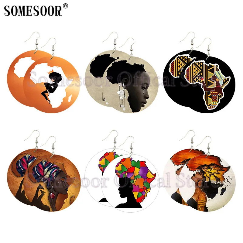 

SOMESOOR Double Sides Print Black Angel Afro Queen Artstic Wooden Drop Earrings African Map Ethnic Paint Dangle For Women Gifts