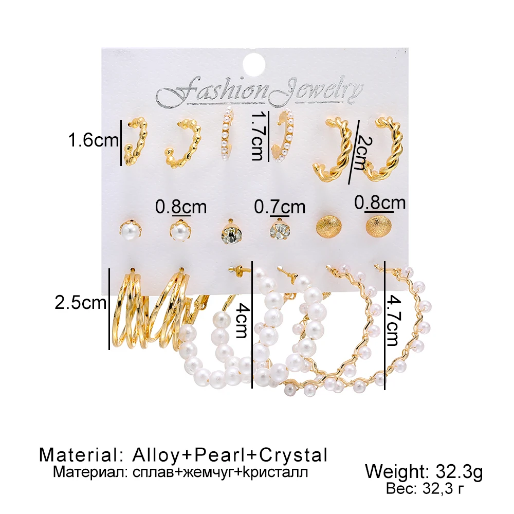6/9 Pairs كبير هوب اللؤلؤ طقم من الحلقان موضة المعادن القرط فراشة دائرة هندسية خمر القرط للنساء مجوهرات 2021