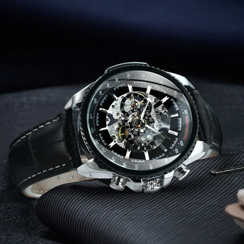 Vencedor esqueleto militar relógio automático para homens ponteiros luminosos esporte steampunk relógios mecânicos marca de luxo pulseira couro
